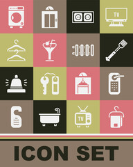 Set Towel on hanger, Digital door lock, Fork, Electrical outlet, Martini glass, Hanger wardrobe, Washer and Heating radiator icon. Vector
