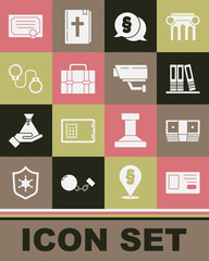 Set Identification badge, Bribe money cash, Office folders, Law, Briefcase, Handcuffs, Certificate template and Security camera icon. Vector