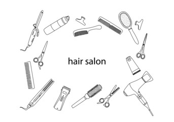 A rectangular frame of hairdressing tools with a copy space in the center. Template logo for a hair salon from accessories,hair dryer, comb, scissors. Outline, sketch in a modern style, vector