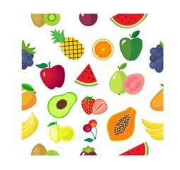 Seamless pattern of fruits and berries mango, lemon, peach, banana, apple, pear, orange or kiwi, cherry and mandarin. Vector illustration in carton style.