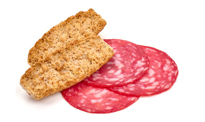 Smoked Spanish sausage, Salchichon, isolated on white background. High resolution image.