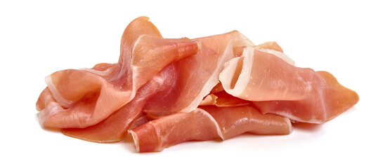 Italian prosciutto, jerked meat slices, isolated on white background.