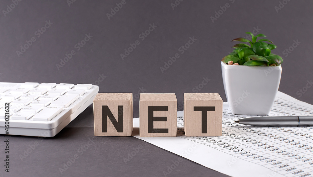Aufkleber concept word net on the wooden blocks on the gray background from green flower and chart.