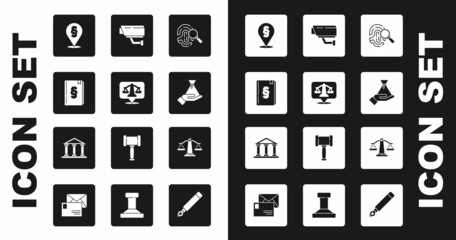 Set Fingerprint, Scales of justice, Law book, Location law, Bribe money bag, Security camera, and Courthouse building icon. Vector