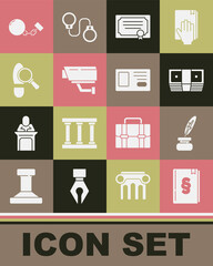 Set Law book, Feather and inkwell, Bribe money cash, Certificate template, Security camera, Footsteps, Ball chain and Identification badge icon. Vector