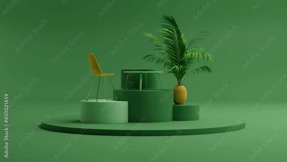 Aufkleber 3d render of the podium with orange chair and table. clean fresh background with plant and pastel gr