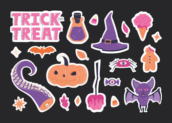 Halloween sticker set elements, hand drawn scary illustration. Cute badge collection with tentacle, spooky witch hat and trick or treat calligraphy. Creepy holiday symbols. Vector template background