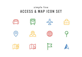 アクセスやマップに関連するアイコンセット　イラスト　地図　位置情報　ナビ　交通機関　目的地　ピン