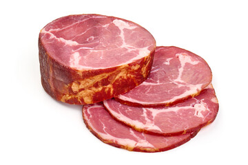 Piece of cold smoked meat, isolated on white background. High resolution image.