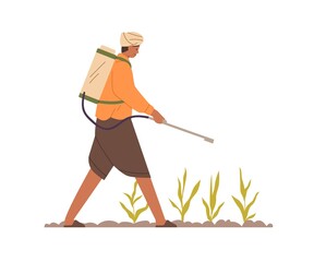 Indian farmer working on farm field, spraying fertilizer on soil and plants. Agriculture worker with pest equipment on plantation in India. Flat vector illustration isolated on white background