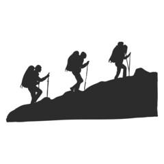 Single tourist with hiking sticks and backpack climbs uphill. Active lifestyle. Hand drawn sketch. Lines drawing. Isolated black contour. Vector illustration.