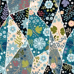 Mosaic of patches with floral ornaments. Seamless patchwork pattern.