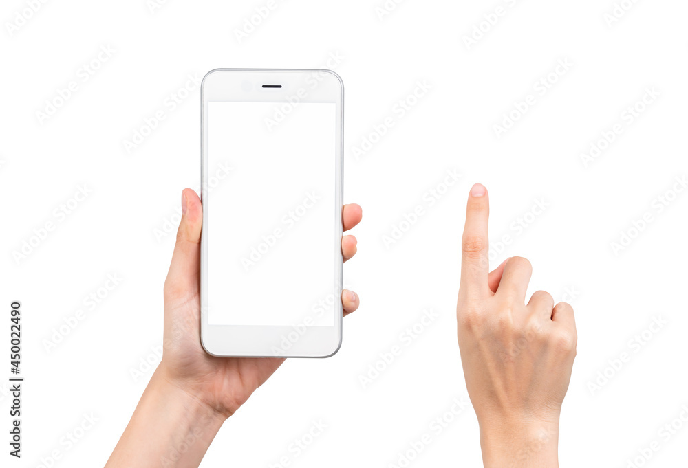 Poster gesture collection of hand holding smartphone with a blank screen, mock-up for application mobile, m