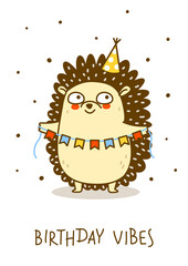 Cute hedgehog with party flags isolated on white - cartoon character for Your happy Birthday design