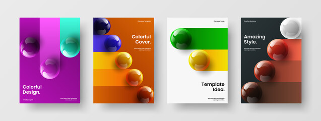 Minimalistic company brochure A4 vector design illustration set. Original realistic spheres presentation concept bundle.