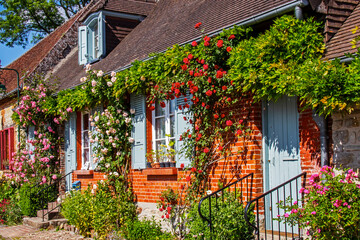 Fototapeta na wymiar Gerberoy, Façade de maison couverte de roses dans une rue piétonne du village. Oise. Picardie. Hauts-de-France 