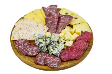 Antipasti platter with assortment of italian salami and cheese isolated on white background