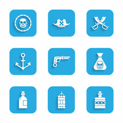 Set Vintage pistols, Dynamite bomb, Alcohol drink Rum, Pirate coin, Anchor, Crossed pirate swords and icon. Vector