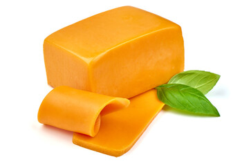 Block of cheddar cheese, isolated on white background. High resolution image.