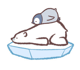 氷の上で寝そべるシロクマとペンギンヒナ