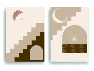 Modern poster with minimalist design elements . Grunge textured moon and arch in Boho style  . Wall art , home deco . Vector abstract shape.