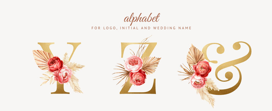 set watercolor boho floral alphabet with golden letter