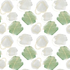 Watercolor spots of green and gray with gold concrete illustrations, seamless pattern