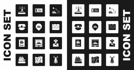 Set Ship line path, Location with cruise ship, Captain hat, Lighthouse, Wave, Cruise ticket, Tourist and icon. Vector