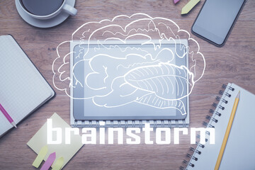 Multi exposure of creative drawing over table with phone. Top view. Concept of startup.