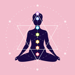 Seven chakras on meditating yogi silhouette of a woman sitting in the lotus position - obrazy, fototapety, plakaty