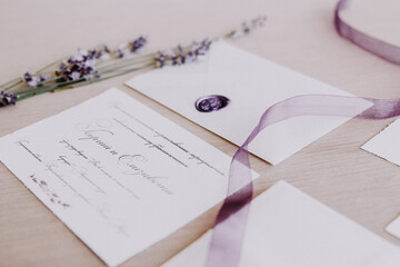 Wedding invitations set with lavender flowers. Provence