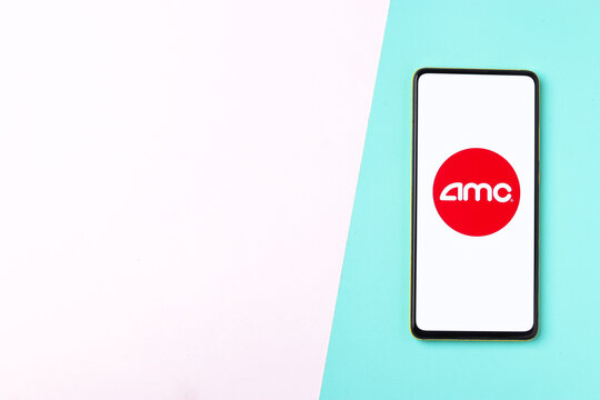 Assam, india - November 15, 2020 : AMC theater logo on phone screen stock image.