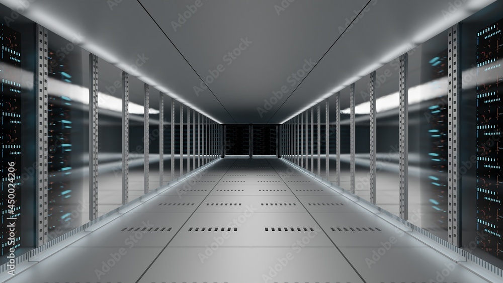 Poster 3d rendering of data center room with glowing led indicators from servers. bright ambient ceiling li