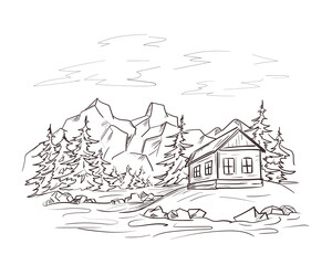 Wooden cabin in the forest by the river in a line sketch style. Hunter hut on the background of mountains. Tourism, outdoor recreation by the lake. Isolated vector illustration
