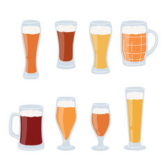 Beer with foam in different  glasses and mugs in flat style. Set of low alcohol beverages isolated on white background. Vector illustration
