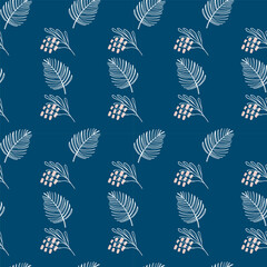 Seamless tropical pattern with exotic plants silhouettes on navy blue background. Monochrome vector illustration. Jungle print for textiles, wrapping paper, fabric, scrapbooking.