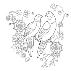 Tropical fancy birds. Black and white picture with parrots. Contour linear illustration for coloring book with paradise birds. Line art design for adult or kids  in zentangle style and coloring page.