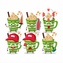 Happy Face frappe chocolate cartoon character playing on a beach