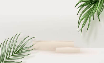 Tropical summer scene mockup. Podium, pedestal with exotic palm leaves. Shadow of leaf, overlay effect. template for sales, promotion, invitation.Vector.