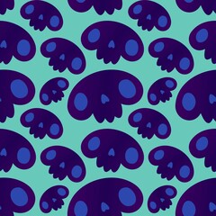 Seamless vector grey pattern of skulls with teeth in lines in blue tones