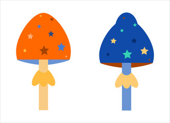 Colored fly agaric mushrooms in children's colors with stars instead of specks
