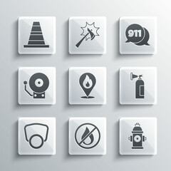 Set No fire, Fire hydrant, extinguisher, Location with flame, Gas mask, Ringing alarm bell, Traffic cone and Telephone call 911 icon. Vector