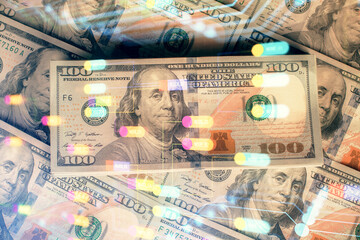 Double exposure of data theme drawing over us dollars bill background. Technology concept.