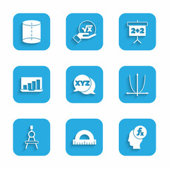 Set XYZ Coordinate system, Protractor, Function mathematical symbol, Graph, schedule, chart, diagram, Drawing compass, Laptop with graph, Chalkboard and Geometric figure icon. Vector