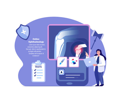 Scientist,traumatologist orthopedist Doctor Examine Knee Joint Pain.Arthoplasty,Osteoarthritis.Rheumatology Research.Smartphone Bones X Ray Radiography,Rontgen.Medical Diagnostics Vector Illustration