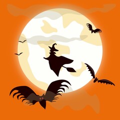 A witch is flying on a broomstick against the background of the moon, bats. Orange background.