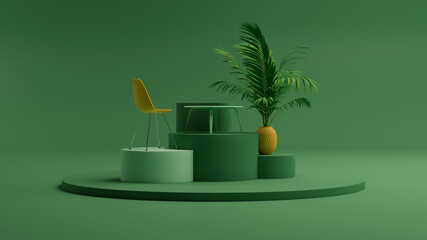 3d render of the podium with orange chair, green cylinders and table. Clean fresh background with plant and pastel gamma. Minimal stage design. Good for presentation or background using.