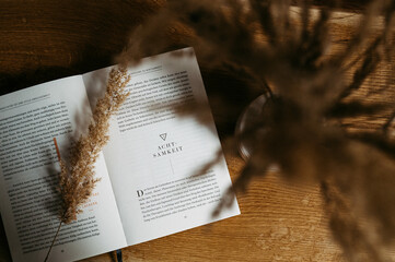 Achtsamkeitsbuch unter Pampasgrasstrauß, Hygge feeling, Boho vibes 