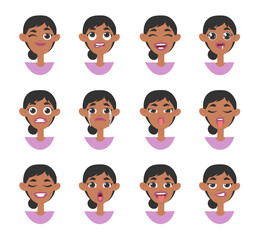 Set of emotional women emoji. Cartoon style illustration female emoticon. Isolated Hand drawn vector facial expression. Gestures Collection Expressing Different Emotions