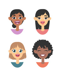 Set of emotional women emoji. Cartoon style illustration female emoticon. Isolated Hand drawn vector facial expression. Gestures Collection Expressing Different Emotions